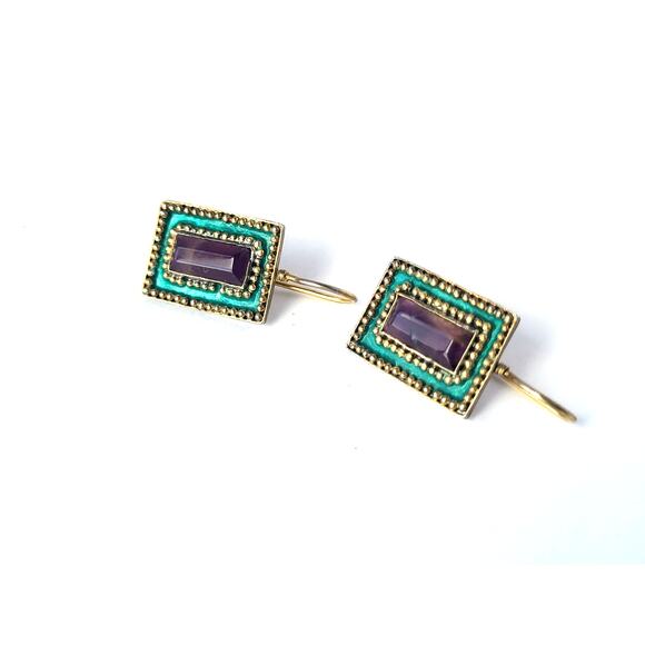Amethyst Earrings Sterling Artisan Hand Crafted Enamel Pierced Gold Finish - Picture 8 of 10